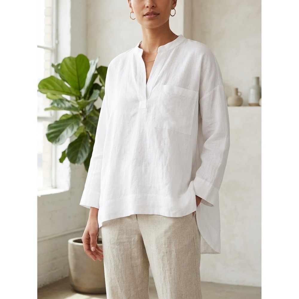 Eileen Fisher White Organic Linen V-Neck Tunic Top Medium Pocket High-Low Hem
